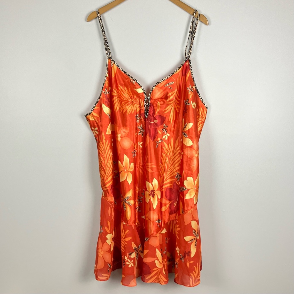 Secret Treasures 3X Slip Dress Orange Floral Tropical Leopard Trim Plus Size